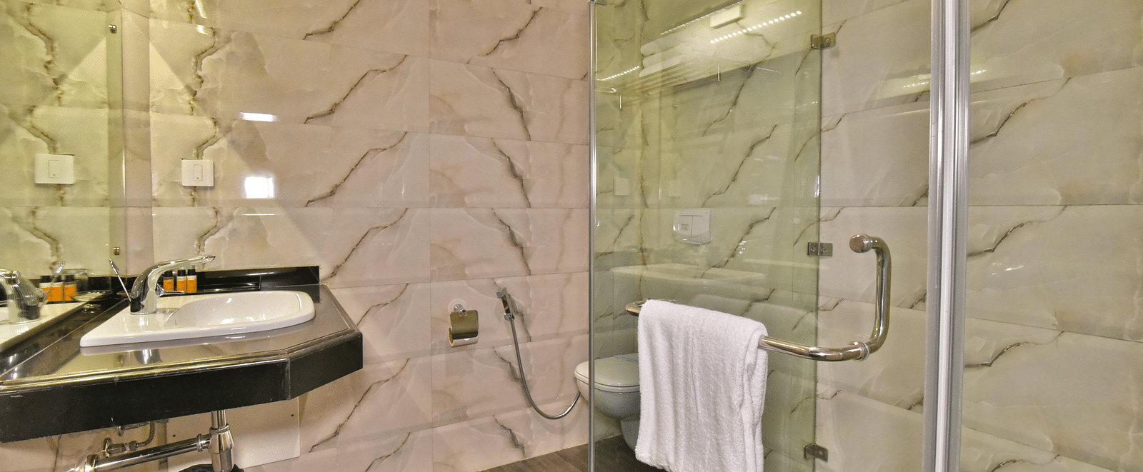 A shower cubicle with a wash basin beside it at DLS Hillcrest Resort, Shimla.